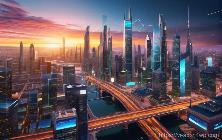 개인 투자자를 위한 암호화폐 경제학 - **Prompt:** A futuristic, dynamic cityscape at sunset, glowing with holographic financial data strea...
