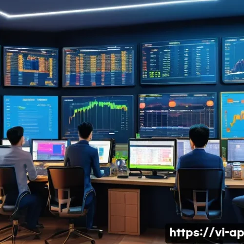Home 32 암호화폐의 시장 구조 분석 - A detailed digital illustration of a bustling Vietnamese cryptocurrency exchange office, showing div...