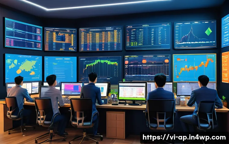 암호화폐의 시장 구조 분석 - A detailed digital illustration of a bustling Vietnamese cryptocurrency exchange office, showing div...