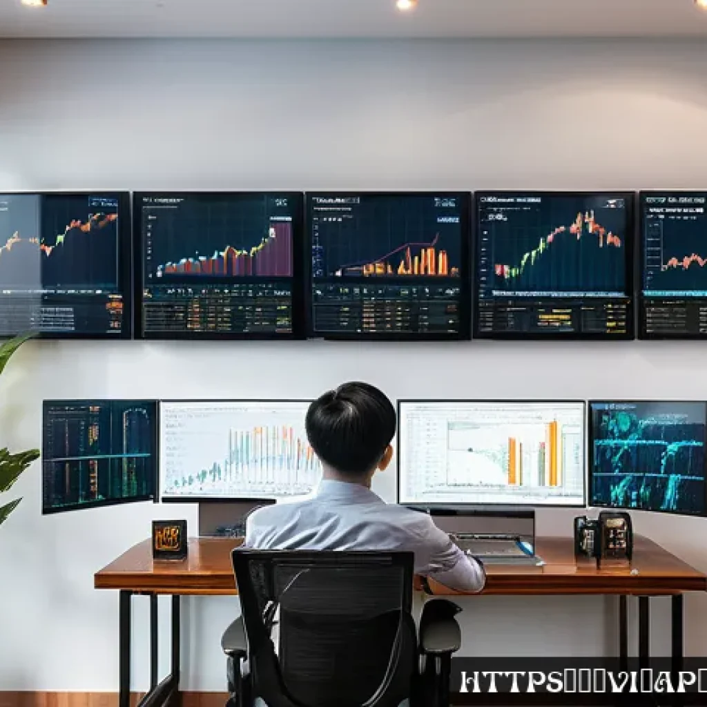 비트코인 ETF의 경제적 의미 - A modern Vietnamese investor sitting at a sleek desk with multiple digital screens displaying Bitcoi...