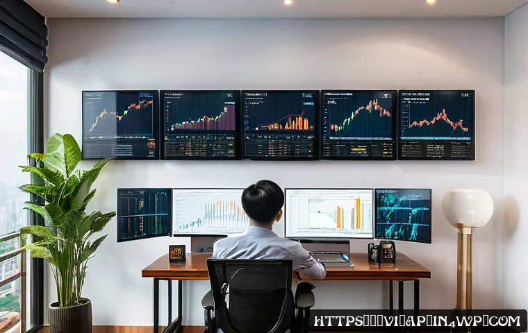 비트코인 ETF의 경제적 의미 - A modern Vietnamese investor sitting at a sleek desk with multiple digital screens displaying Bitcoi...