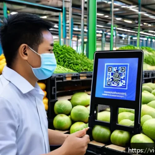 Home 17 블록체인 기반 공급망 경제학 - A high-tech Vietnamese food supply chain warehouse featuring blockchain technology integration, with...