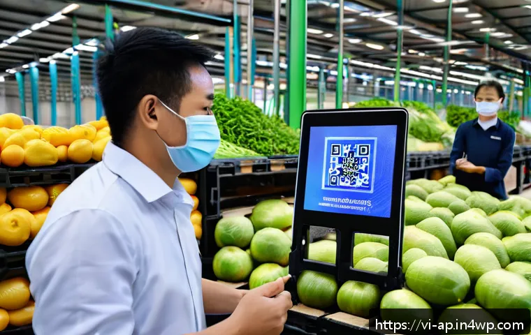블록체인 기반 공급망 경제학 - A high-tech Vietnamese food supply chain warehouse featuring blockchain technology integration, with...